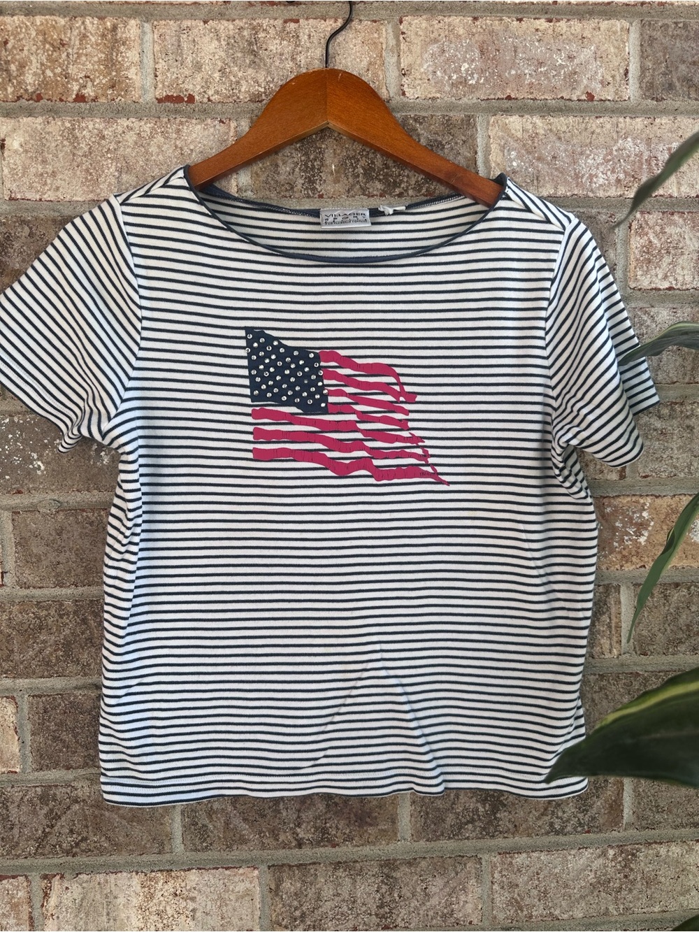 Vintage Liz Claiborn Striped Short-Sleeve Tee with Flag Graphic & crystals Med